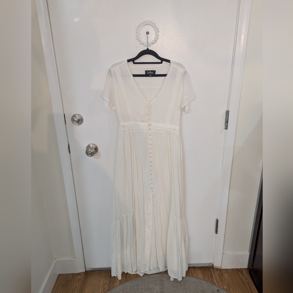Lulu's White Flutter Sleeve Maxi Dress with Front Slit - Picture 2 of 4